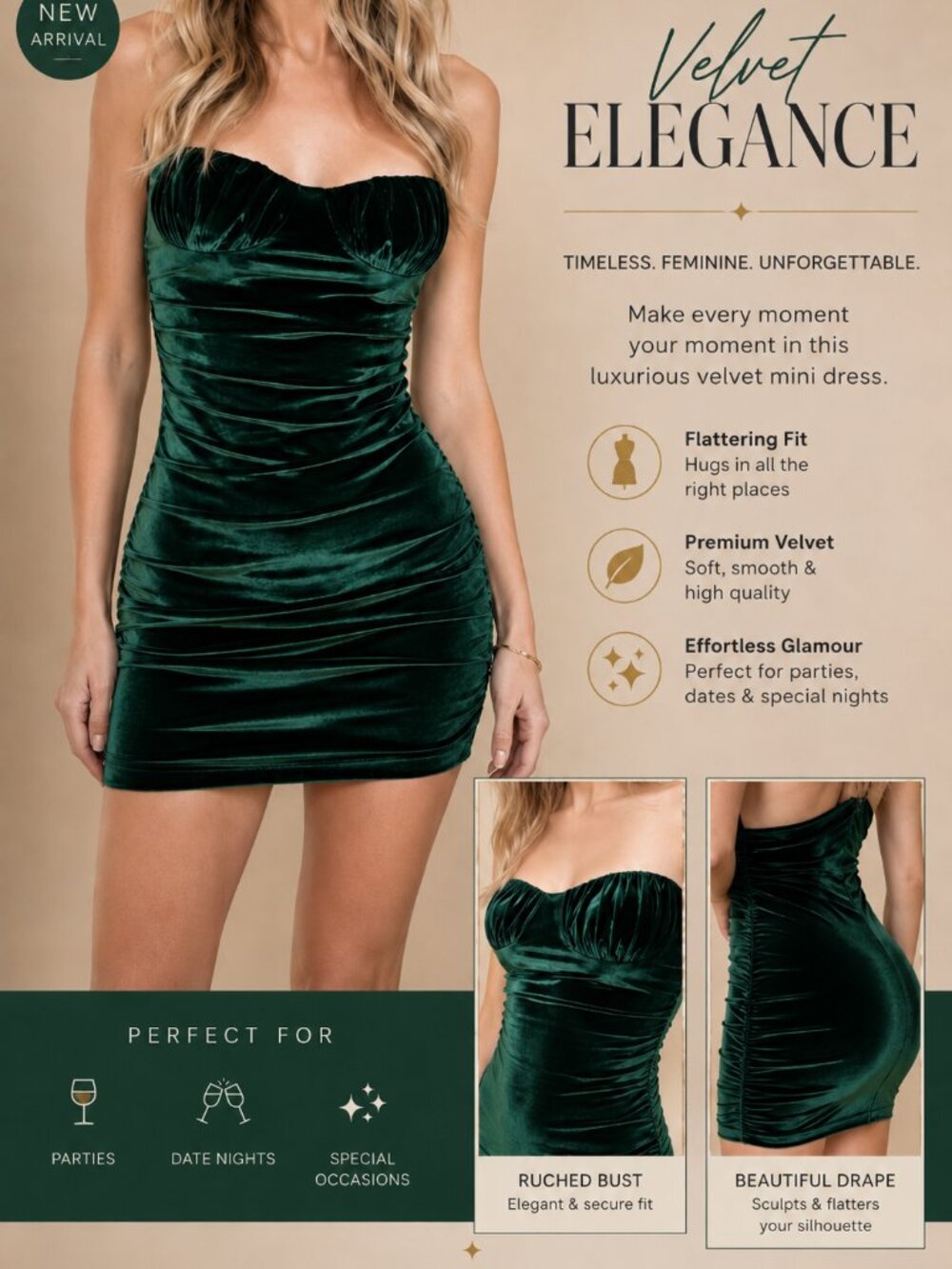 Beige Botany Treetops Glisten Emerald Green Velvet Mini Dress Size L, Brand New